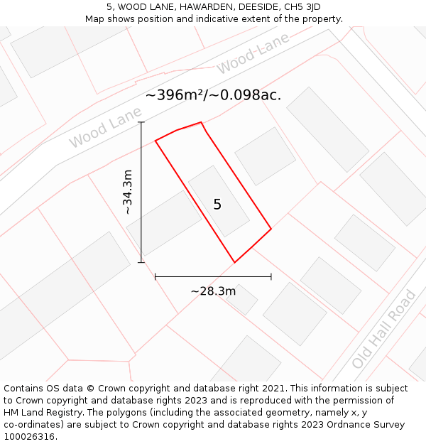 5, WOOD LANE, HAWARDEN, DEESIDE, CH5 3JD: Plot and title map
