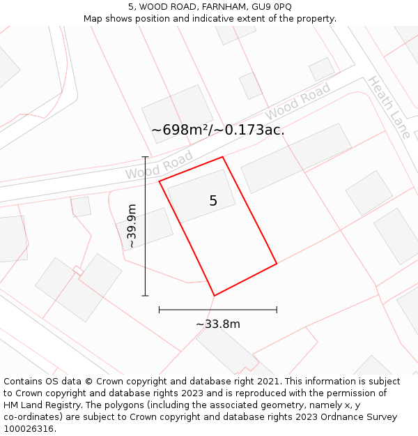 5, WOOD ROAD, FARNHAM, GU9 0PQ: Plot and title map