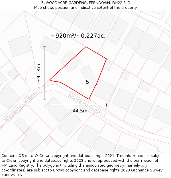 5, WOODACRE GARDENS, FERNDOWN, BH22 8LD: Plot and title map