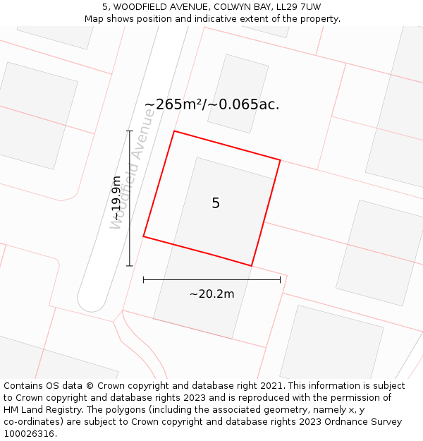 5, WOODFIELD AVENUE, COLWYN BAY, LL29 7UW: Plot and title map