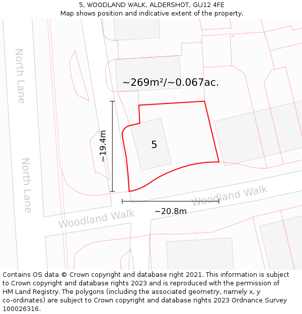 5, WOODLAND WALK, ALDERSHOT, GU12 4FE: Plot and title map