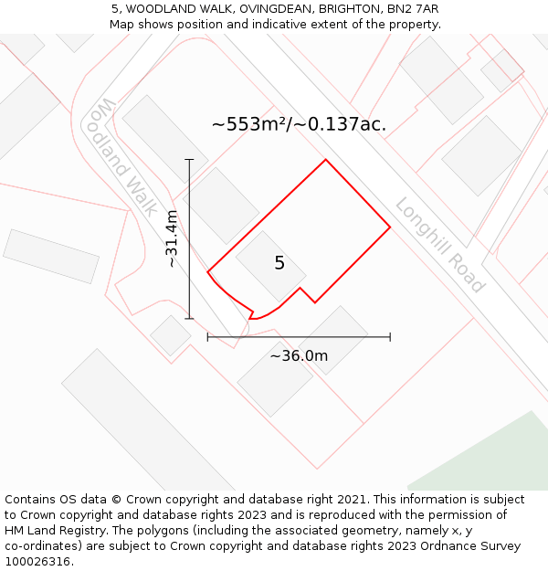 5, WOODLAND WALK, OVINGDEAN, BRIGHTON, BN2 7AR: Plot and title map