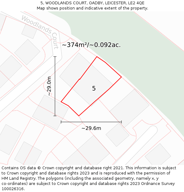 5, WOODLANDS COURT, OADBY, LEICESTER, LE2 4QE: Plot and title map