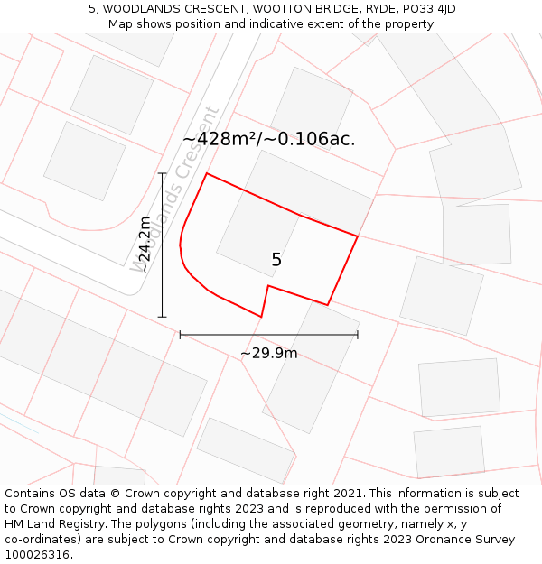 5, WOODLANDS CRESCENT, WOOTTON BRIDGE, RYDE, PO33 4JD: Plot and title map