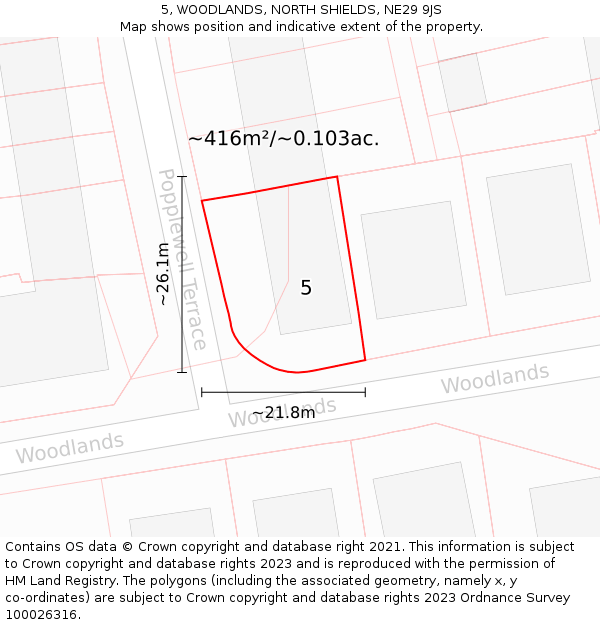 5, WOODLANDS, NORTH SHIELDS, NE29 9JS: Plot and title map