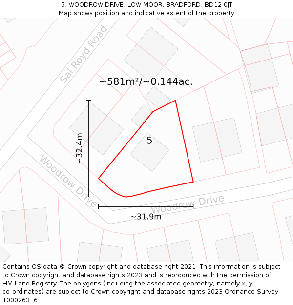 5, WOODROW DRIVE, LOW MOOR, BRADFORD, BD12 0JT: Plot and title map