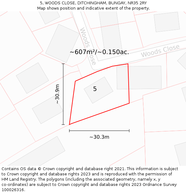 5, WOODS CLOSE, DITCHINGHAM, BUNGAY, NR35 2RY: Plot and title map