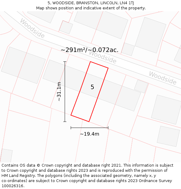 5, WOODSIDE, BRANSTON, LINCOLN, LN4 1TJ: Plot and title map