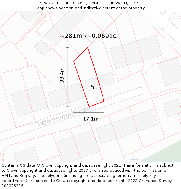 5, WOODTHORPE CLOSE, HADLEIGH, IPSWICH, IP7 5JH: Plot and title map