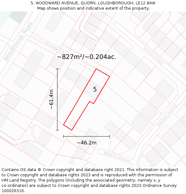 5, WOODWARD AVENUE, QUORN, LOUGHBOROUGH, LE12 8AW: Plot and title map