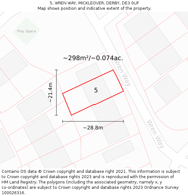 5, WREN WAY, MICKLEOVER, DERBY, DE3 0UF: Plot and title map