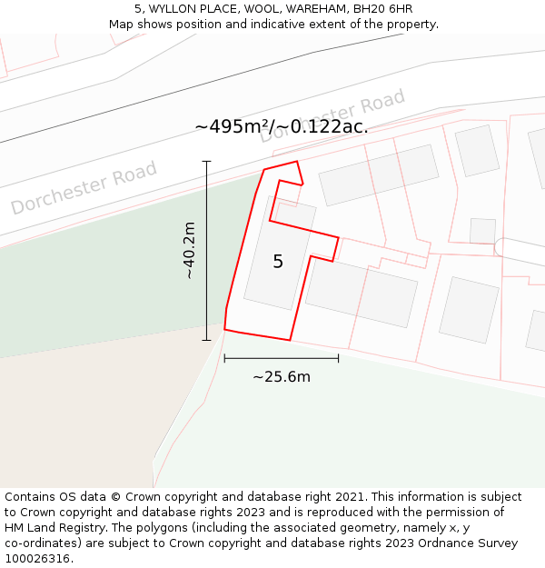 5, WYLLON PLACE, WOOL, WAREHAM, BH20 6HR: Plot and title map