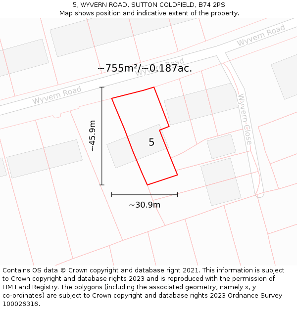 5, WYVERN ROAD, SUTTON COLDFIELD, B74 2PS: Plot and title map