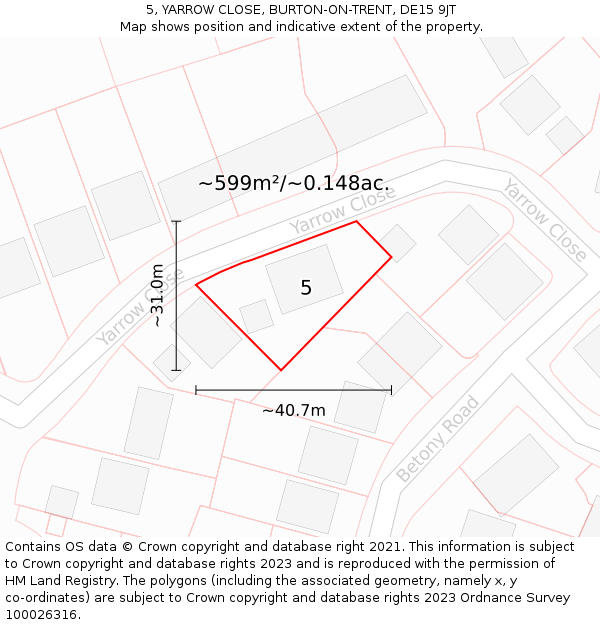 5, YARROW CLOSE, BURTON-ON-TRENT, DE15 9JT: Plot and title map