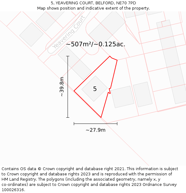 5, YEAVERING COURT, BELFORD, NE70 7PD: Plot and title map