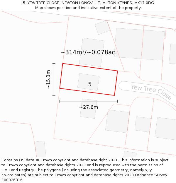 5, YEW TREE CLOSE, NEWTON LONGVILLE, MILTON KEYNES, MK17 0DG: Plot and title map