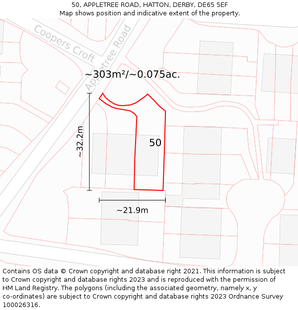 50, APPLETREE ROAD, HATTON, DERBY, DE65 5EF: Plot and title map