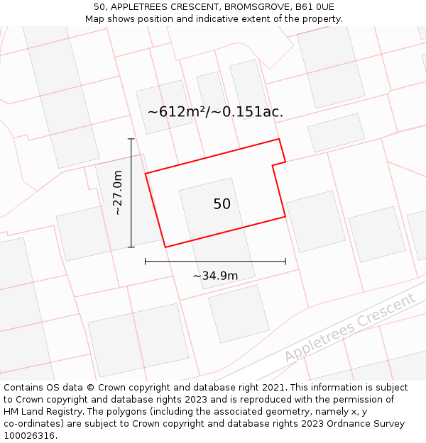 50, APPLETREES CRESCENT, BROMSGROVE, B61 0UE: Plot and title map