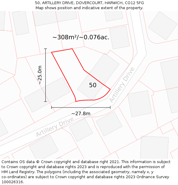 50, ARTILLERY DRIVE, DOVERCOURT, HARWICH, CO12 5FG: Plot and title map