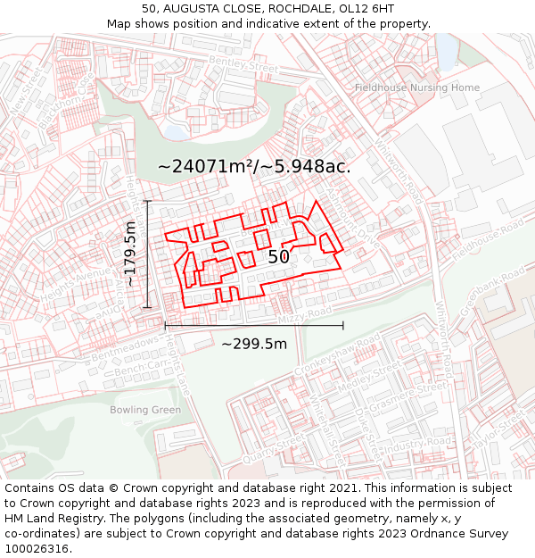 50, AUGUSTA CLOSE, ROCHDALE, OL12 6HT: Plot and title map