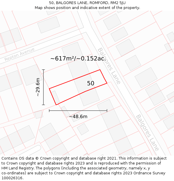 50, BALGORES LANE, ROMFORD, RM2 5JU: Plot and title map