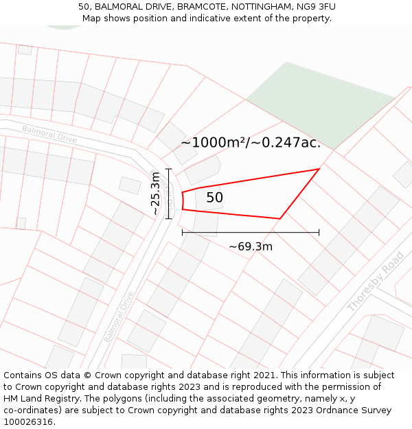 50, BALMORAL DRIVE, BRAMCOTE, NOTTINGHAM, NG9 3FU: Plot and title map