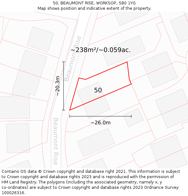 50, BEAUMONT RISE, WORKSOP, S80 1YG: Plot and title map