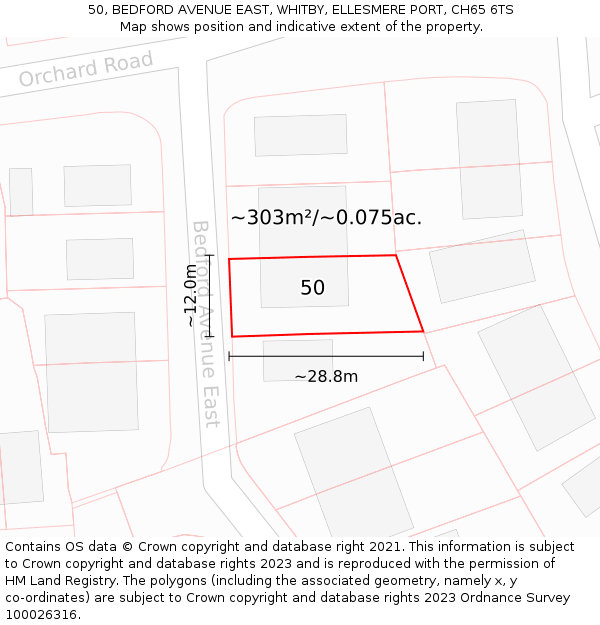 50, BEDFORD AVENUE EAST, WHITBY, ELLESMERE PORT, CH65 6TS: Plot and title map