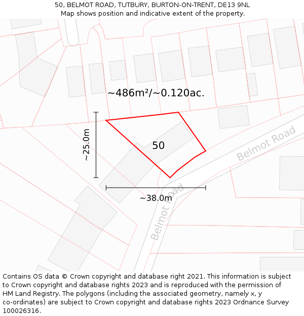 50, BELMOT ROAD, TUTBURY, BURTON-ON-TRENT, DE13 9NL: Plot and title map