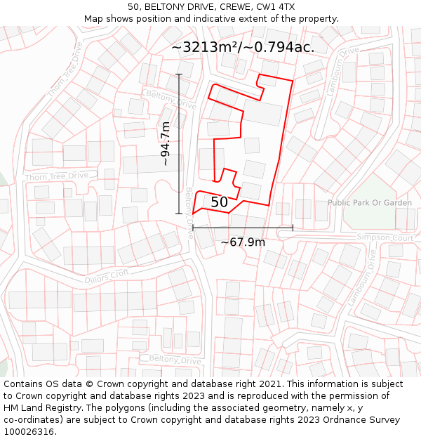 50, BELTONY DRIVE, CREWE, CW1 4TX: Plot and title map