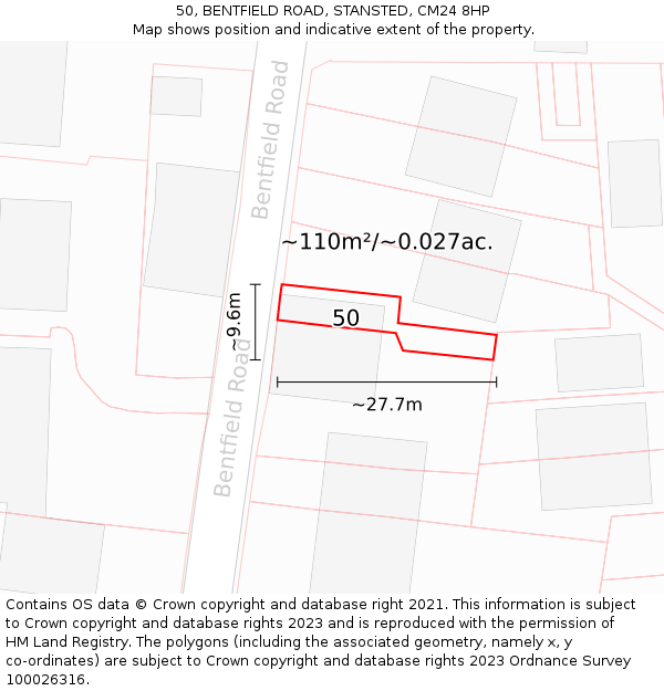 50, BENTFIELD ROAD, STANSTED, CM24 8HP: Plot and title map