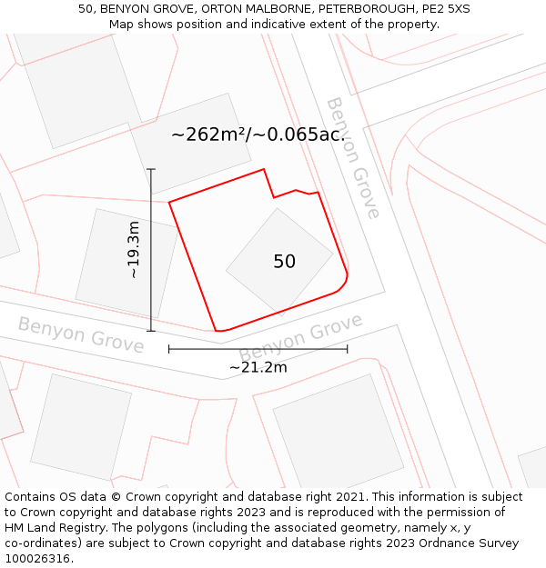 50, BENYON GROVE, ORTON MALBORNE, PETERBOROUGH, PE2 5XS: Plot and title map