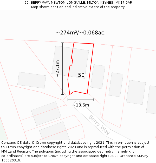 50, BERRY WAY, NEWTON LONGVILLE, MILTON KEYNES, MK17 0AR: Plot and title map