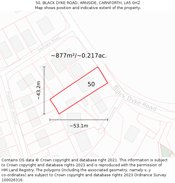 50, BLACK DYKE ROAD, ARNSIDE, CARNFORTH, LA5 0HZ: Plot and title map