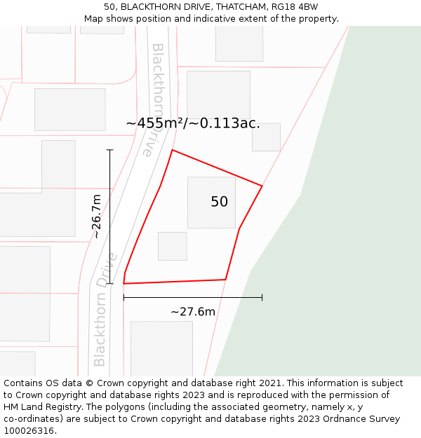 50, BLACKTHORN DRIVE, THATCHAM, RG18 4BW: Plot and title map