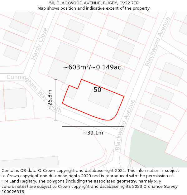 50, BLACKWOOD AVENUE, RUGBY, CV22 7EP: Plot and title map