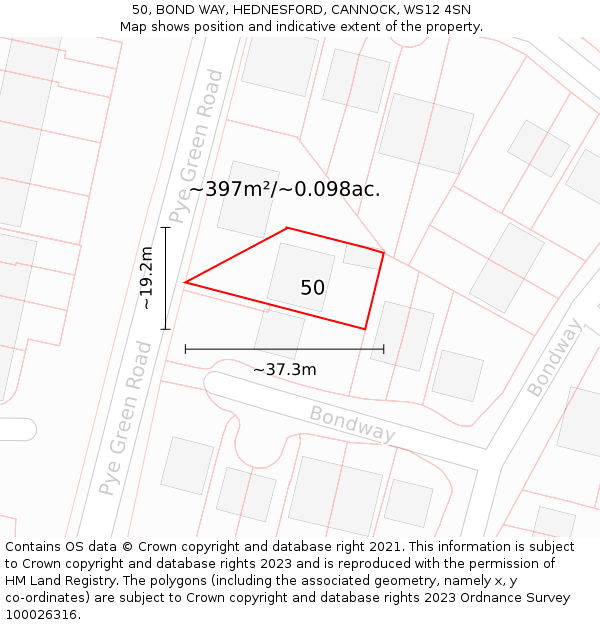 50, BOND WAY, HEDNESFORD, CANNOCK, WS12 4SN: Plot and title map