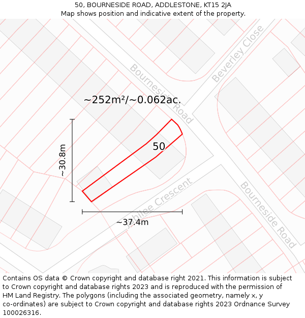 50, BOURNESIDE ROAD, ADDLESTONE, KT15 2JA: Plot and title map