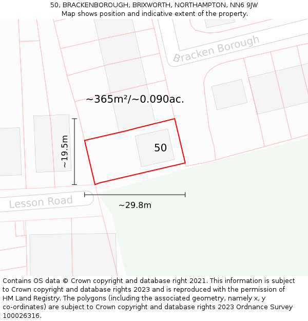 50, BRACKENBOROUGH, BRIXWORTH, NORTHAMPTON, NN6 9JW: Plot and title map