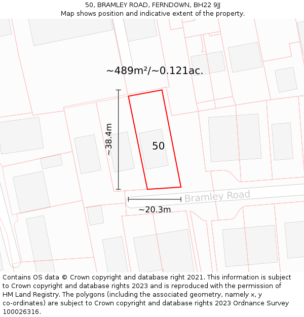 50, BRAMLEY ROAD, FERNDOWN, BH22 9JJ: Plot and title map