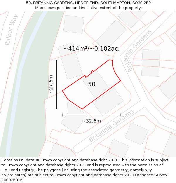 50, BRITANNIA GARDENS, HEDGE END, SOUTHAMPTON, SO30 2RP: Plot and title map