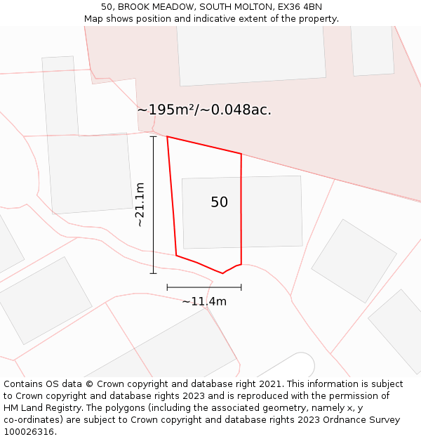 50, BROOK MEADOW, SOUTH MOLTON, EX36 4BN: Plot and title map