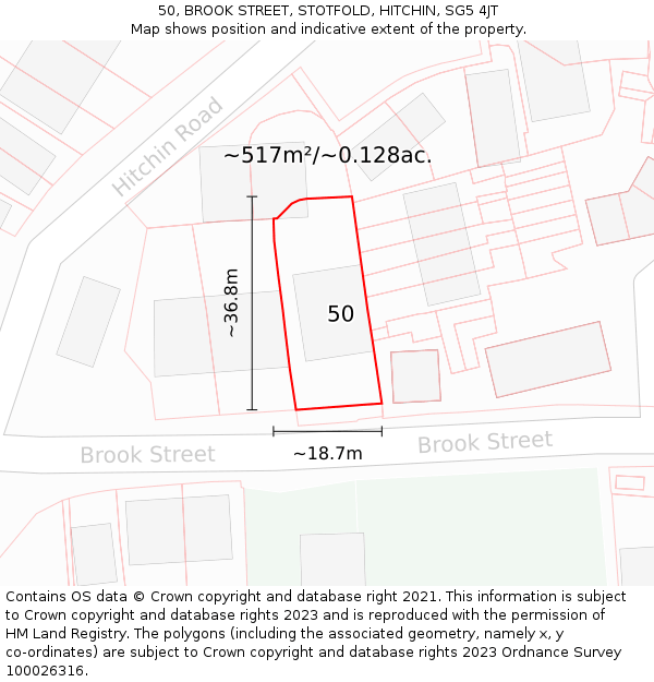 50, BROOK STREET, STOTFOLD, HITCHIN, SG5 4JT: Plot and title map