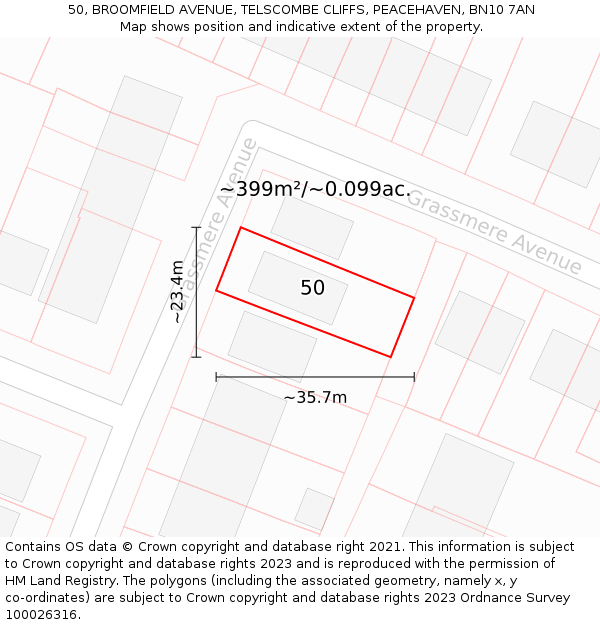 50, BROOMFIELD AVENUE, TELSCOMBE CLIFFS, PEACEHAVEN, BN10 7AN: Plot and title map