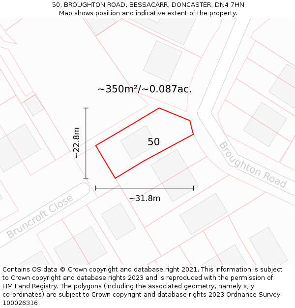 50, BROUGHTON ROAD, BESSACARR, DONCASTER, DN4 7HN: Plot and title map