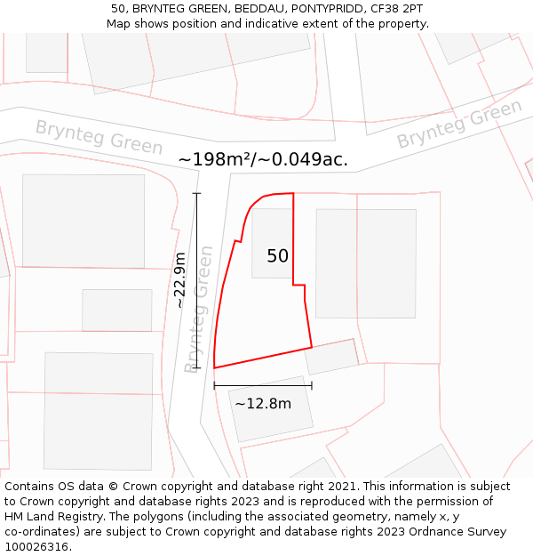 50, BRYNTEG GREEN, BEDDAU, PONTYPRIDD, CF38 2PT: Plot and title map