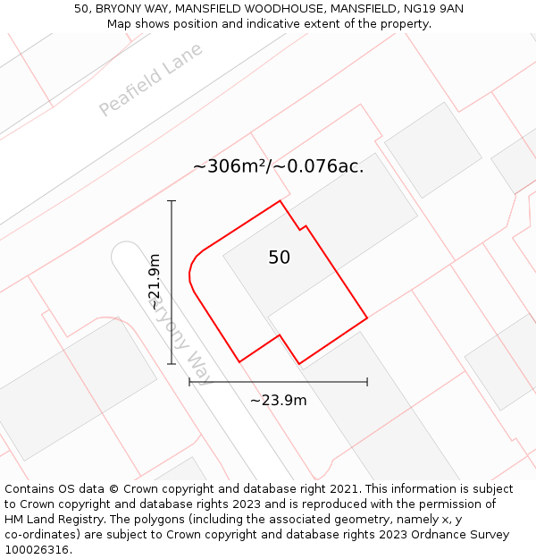 50, BRYONY WAY, MANSFIELD WOODHOUSE, MANSFIELD, NG19 9AN: Plot and title map