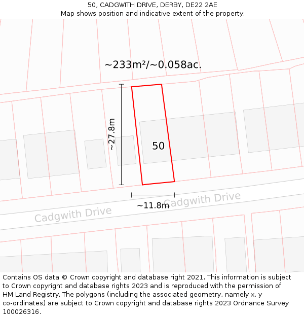 50, CADGWITH DRIVE, DERBY, DE22 2AE: Plot and title map