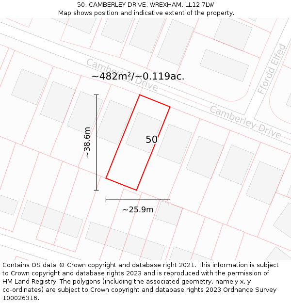 50, CAMBERLEY DRIVE, WREXHAM, LL12 7LW: Plot and title map