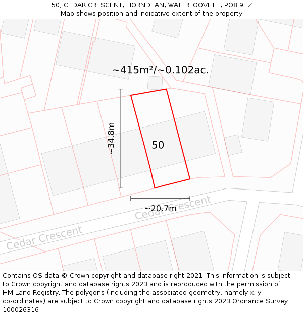 50, CEDAR CRESCENT, HORNDEAN, WATERLOOVILLE, PO8 9EZ: Plot and title map